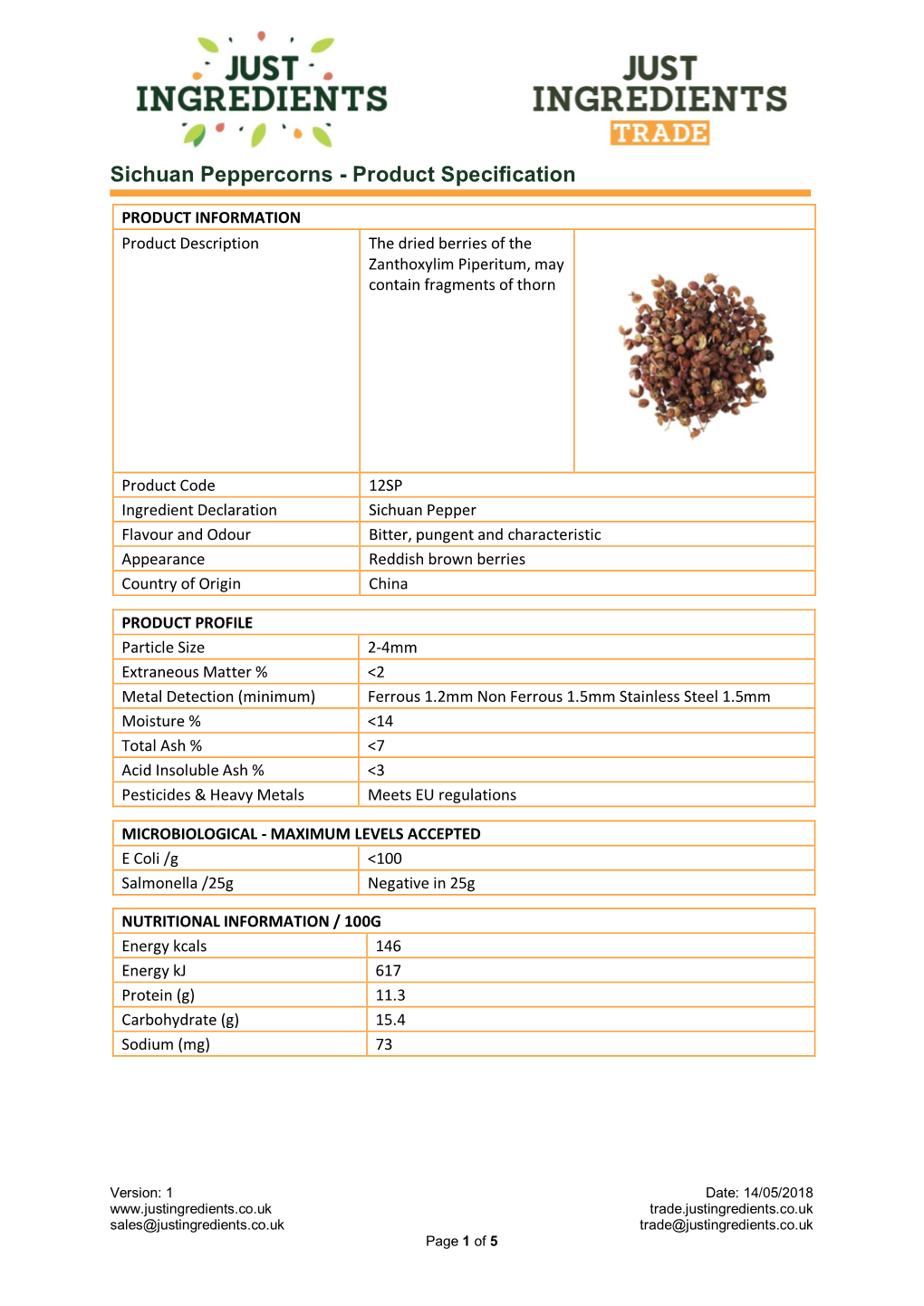 Sichuan Peppercorns - Product Specification