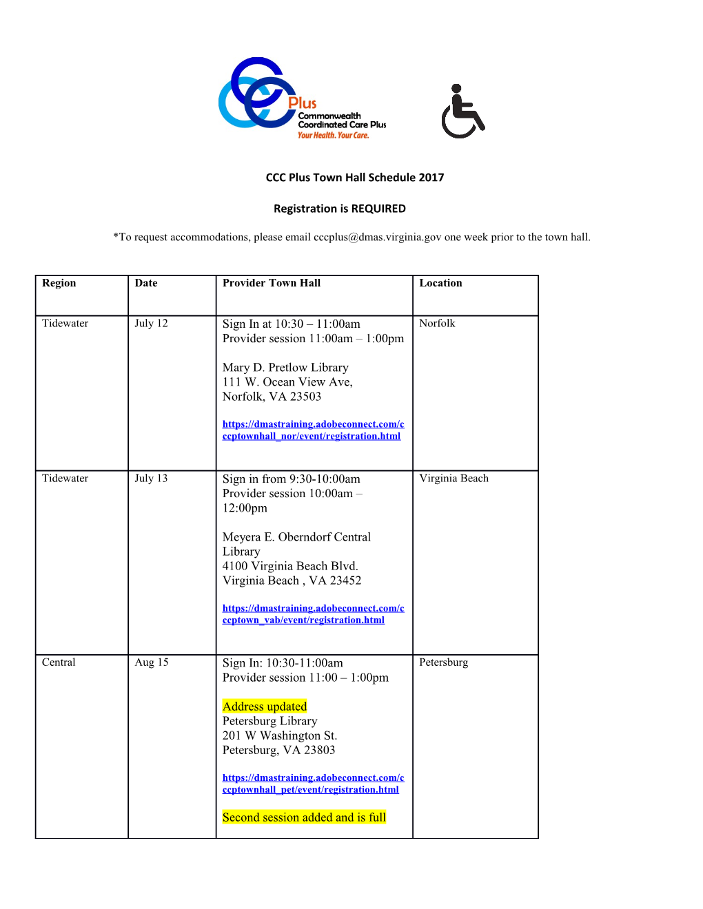 CCC Plus Town Hall Schedule 2017 s1