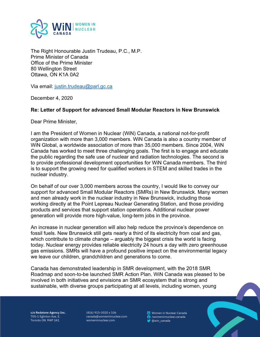 Letter to PMO in Support of Smrs in New Brunswick