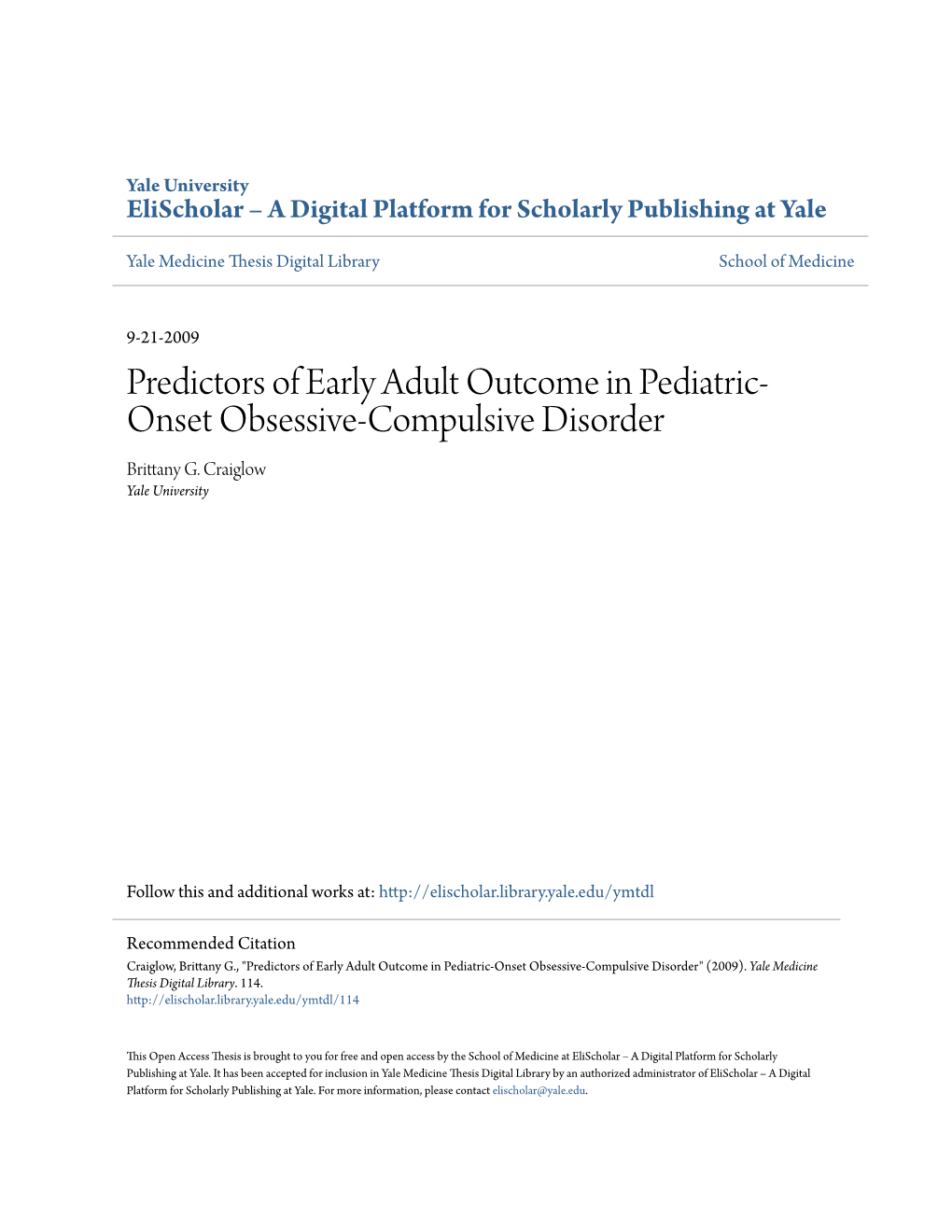 Predictors of Early Adult Outcome in Pediatric-Onset Obsessive-Compulsive Disorder