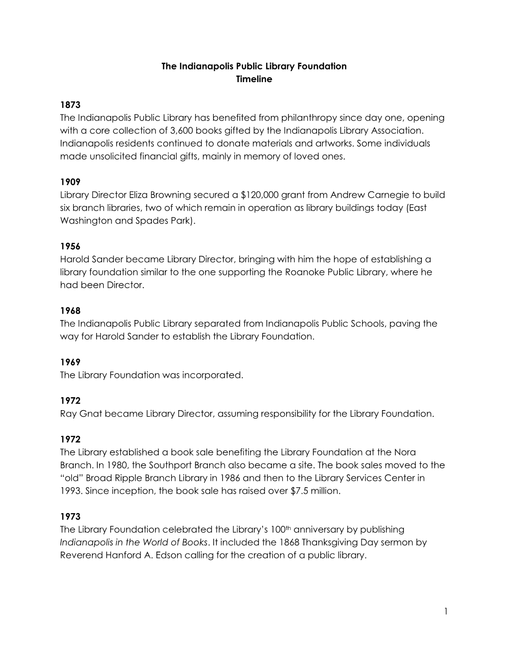 1 the Indianapolis Public Library Foundation Timeline 1873 The