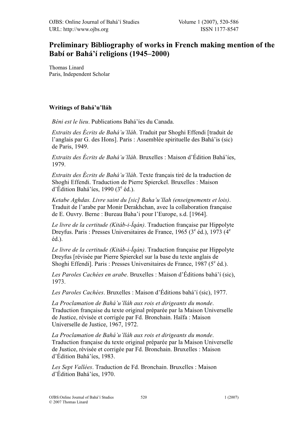 Preliminary Bibliography of Works in French Making Mention of the Babí Or Bahá’Í Religions (1945–2000)