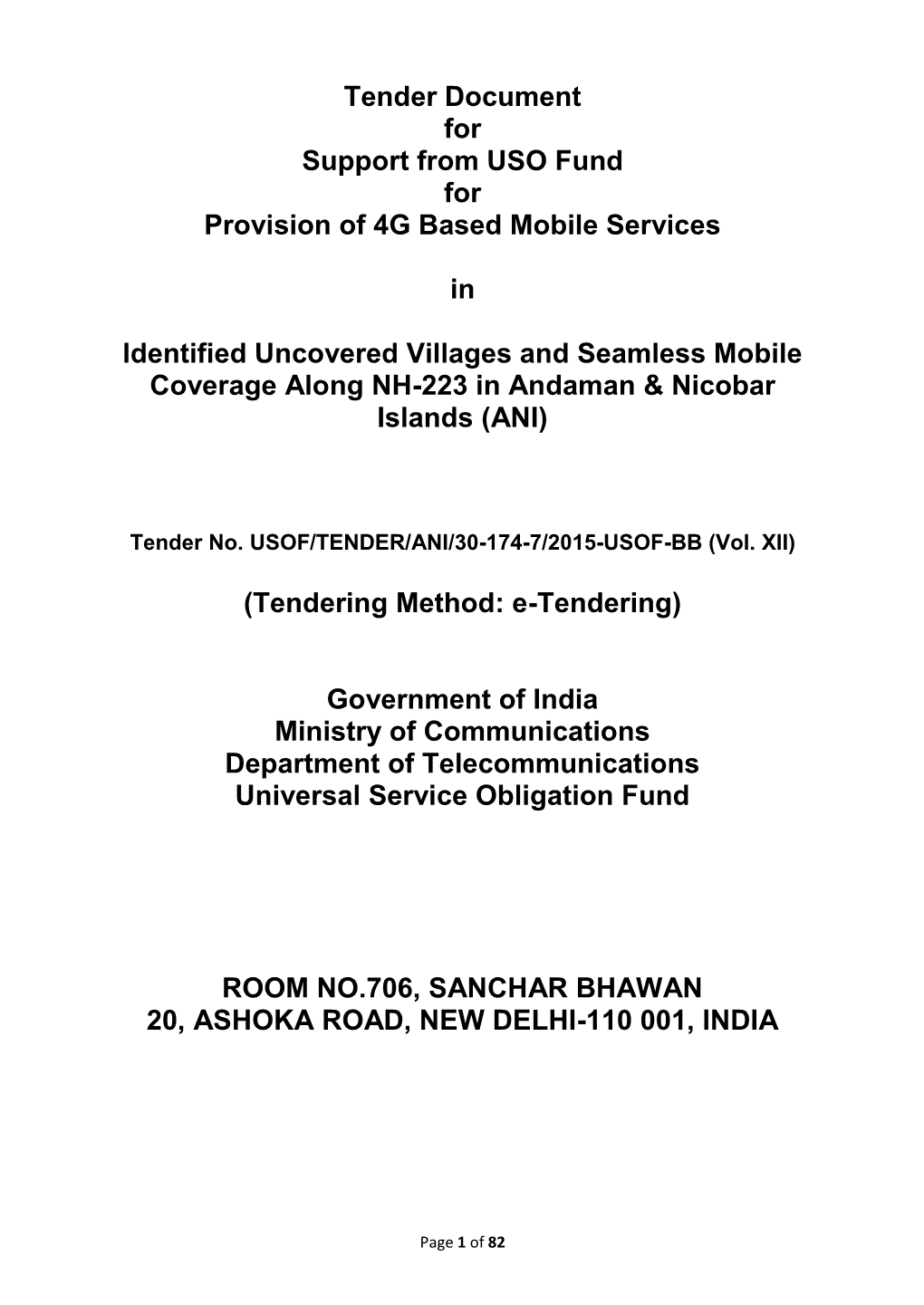 Tender Document for Support from USO Fund for Provision of 4G Based Mobile Services