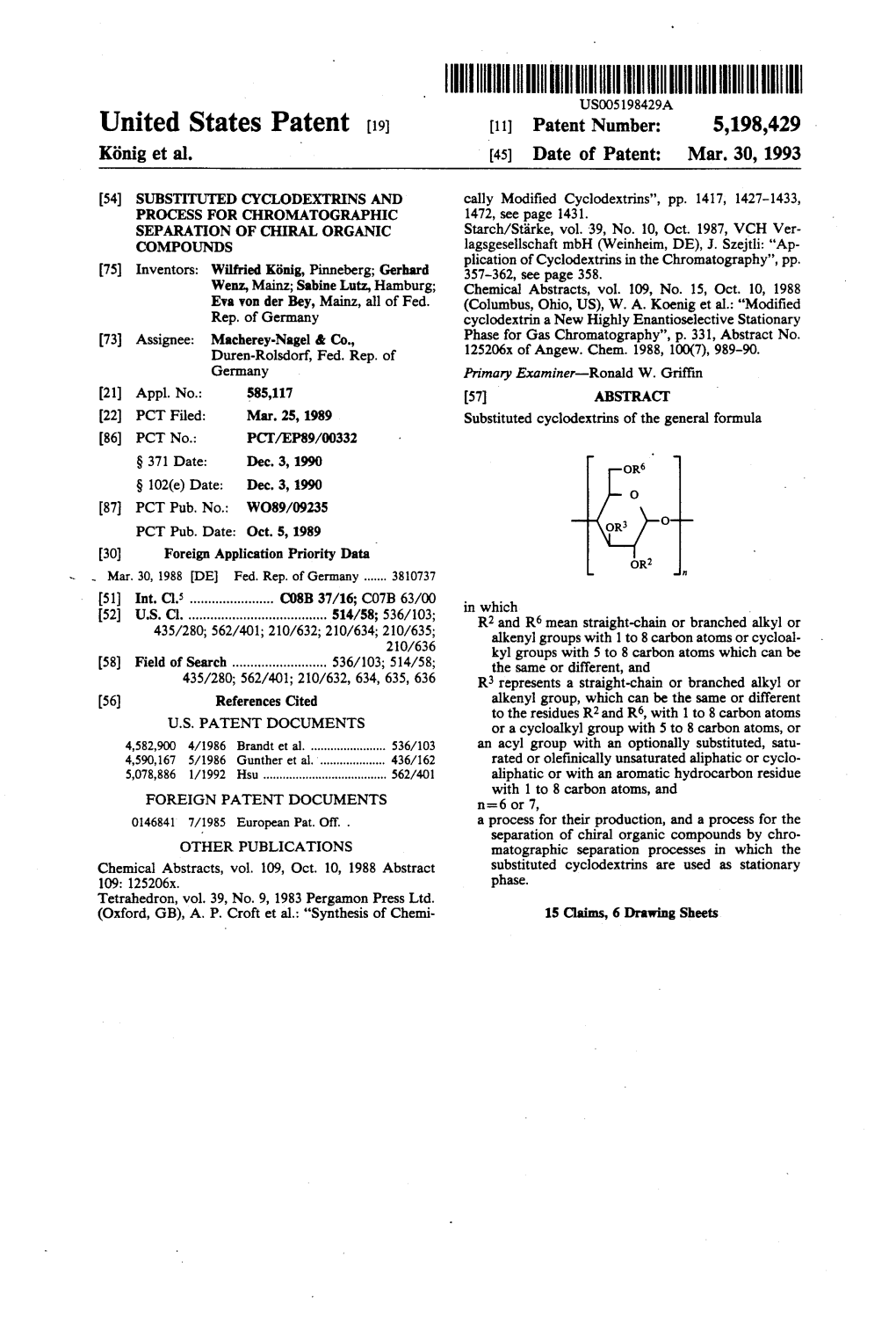 United States Patent (19) 11 Patent Number: 5,198,429 König Et Al