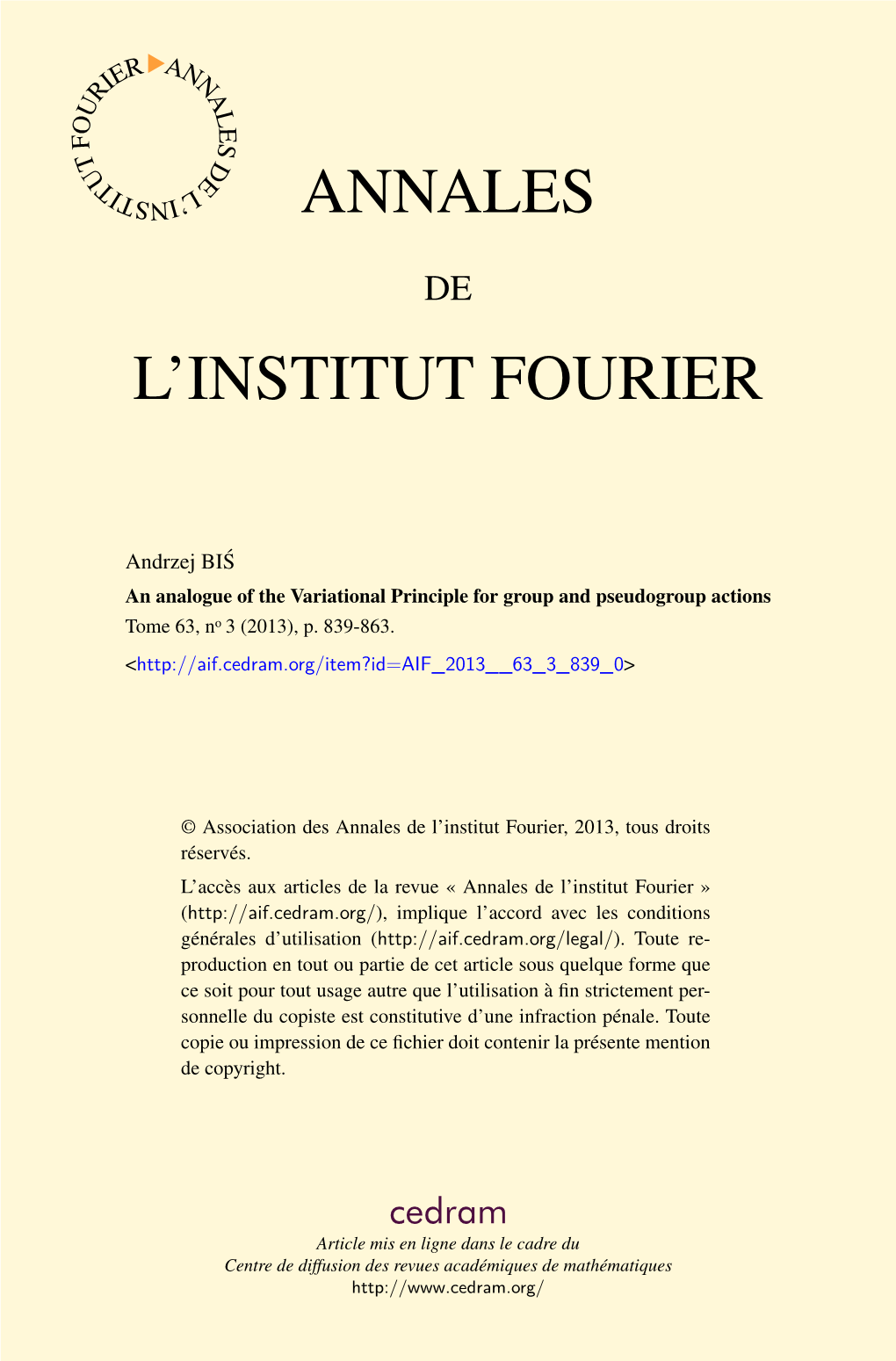 An Analogue of the Variational Principle for Group and Pseudogroup Actions Tome 63, No 3 (2013), P