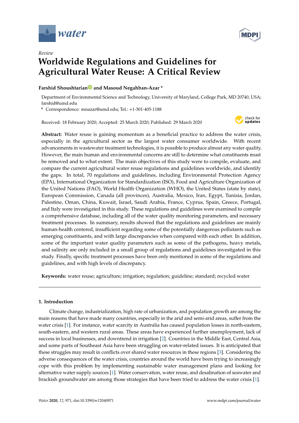 Worldwide Regulations and Guidelines for Agricultural Water Reuse: a Critical Review