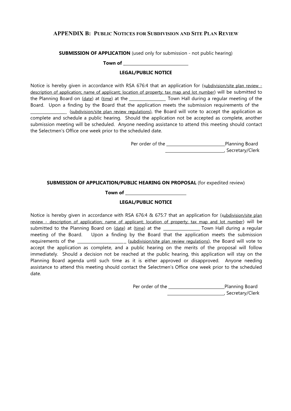 Appendix B: Public Notices for Subdivision and Site Plan Review