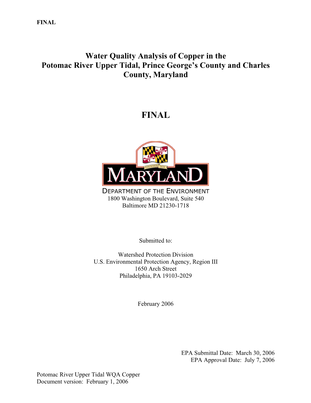 Water Quality Analysis of Copper in the Potomac River Upper Tidal, Prince George’S County and Charles County, Maryland