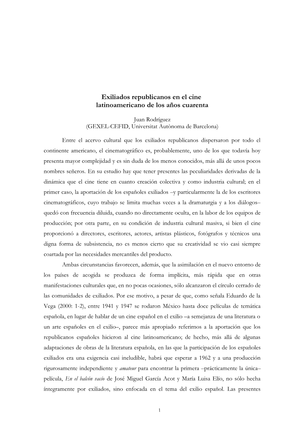 Exiliados Republicanos En El Cine Latinoamericano De Los Años Cuarenta