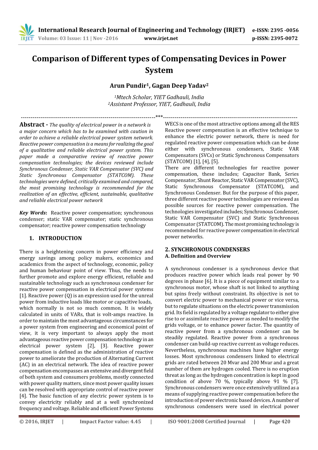 Comparison of Different Types of Compensating Devices in Power System