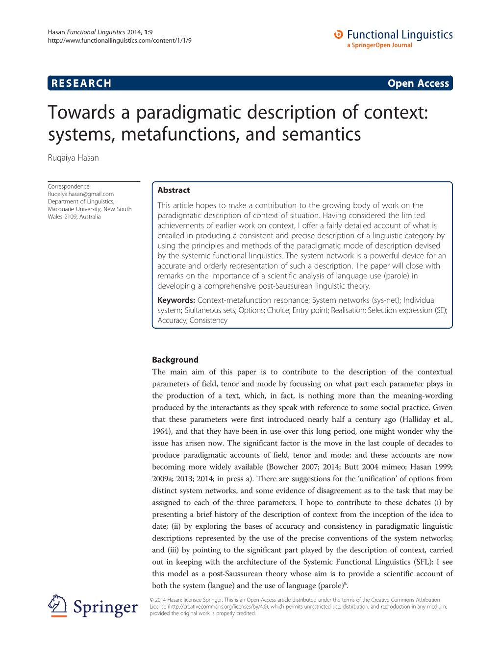 Towards a Paradigmatic Description of Context: Systems, Metafunctions, and Semantics Ruqaiya Hasan