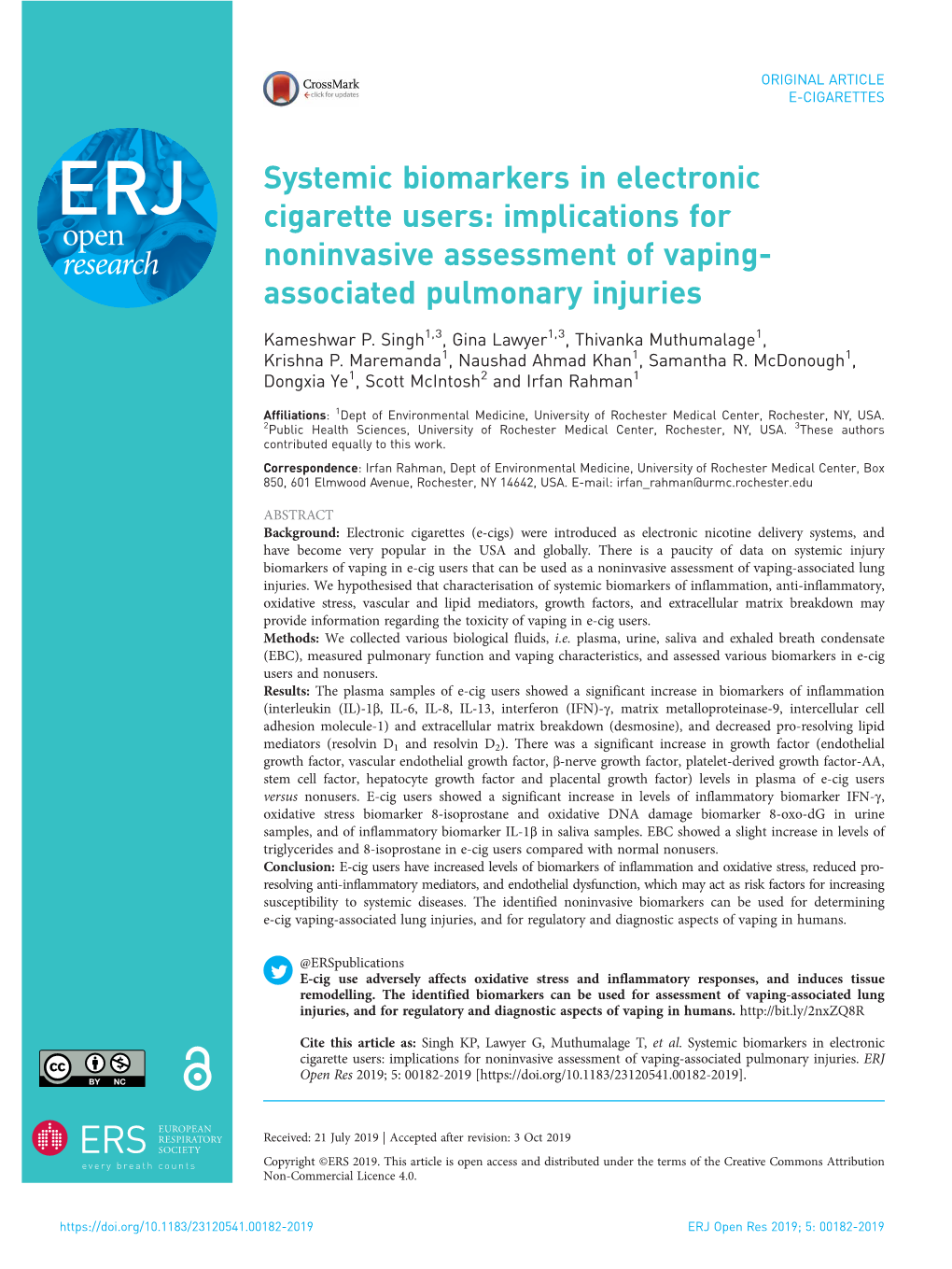 Systemic Biomarkers in Electronic Cigarette Users: Implications for Noninvasive Assessment of Vaping-Associated Pulmonary Injuries
