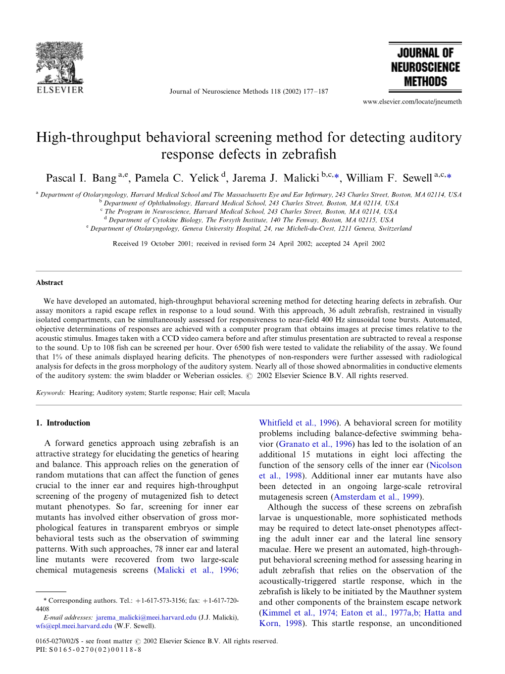 High-Throughput Behavioral Screening Method for Detecting Auditory Response Defects in Zebraﬁsh