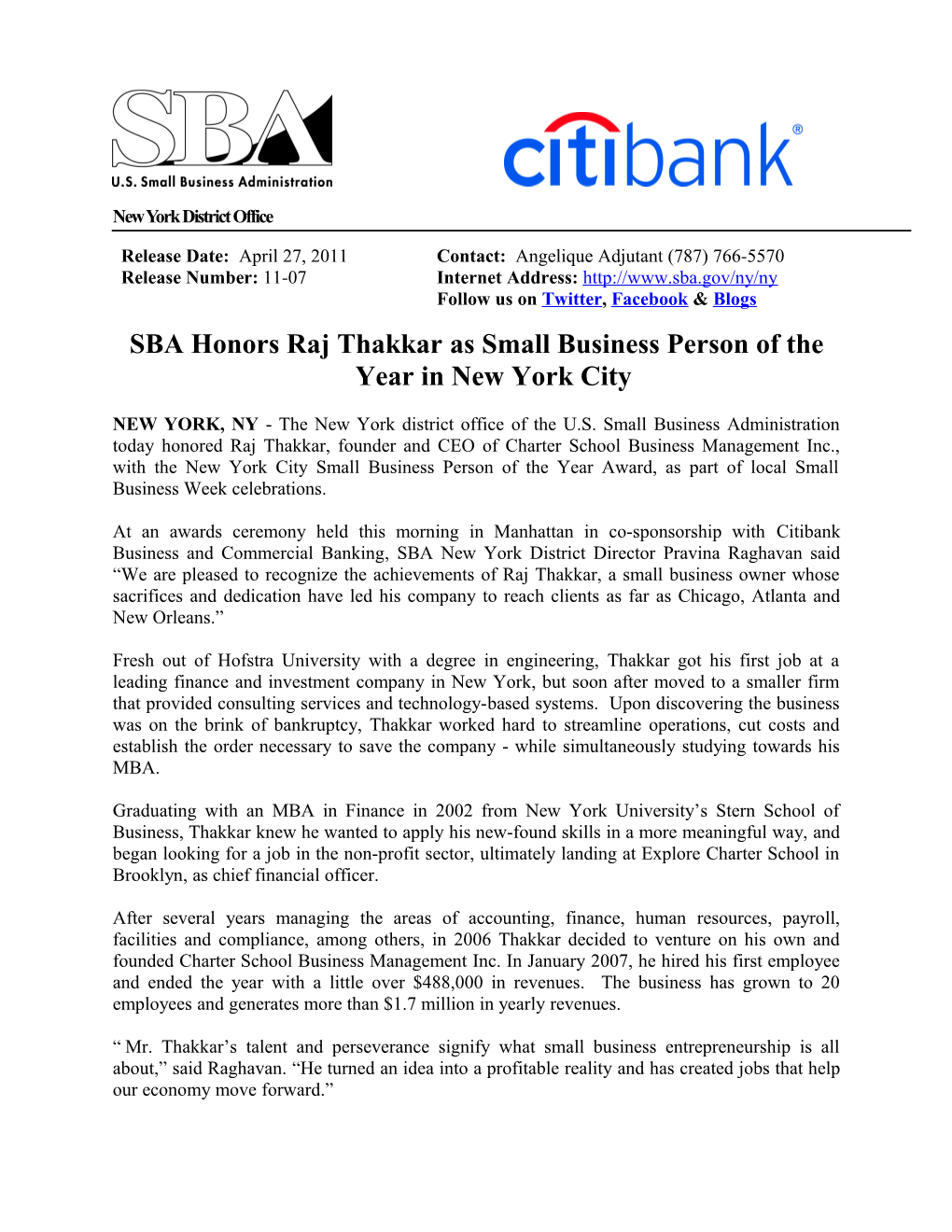 SBA Honors Raj Thakkar As Small Business Person of the Year in New York City