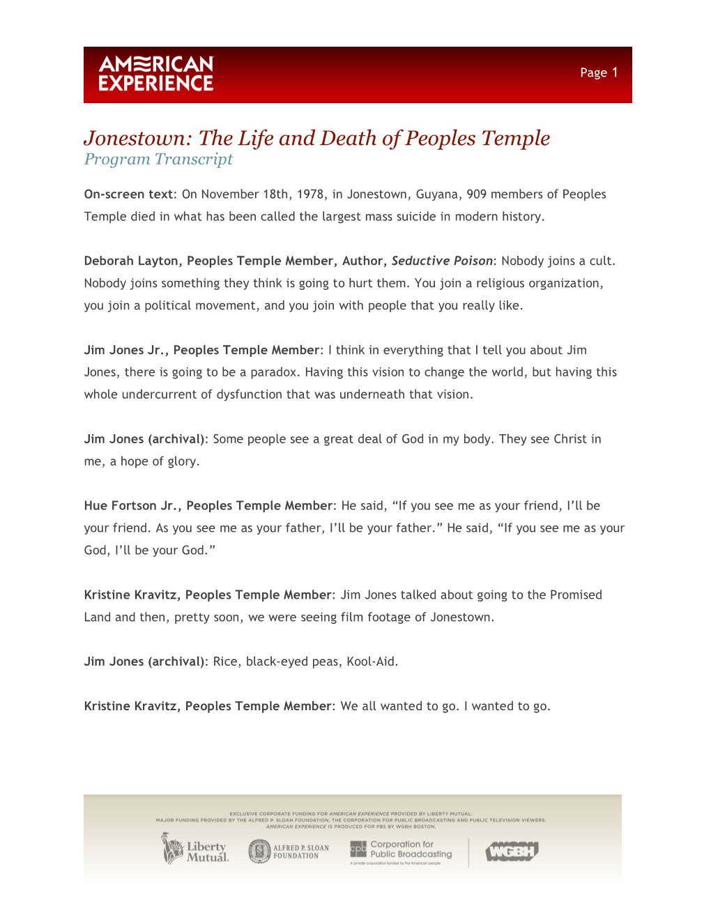Jonestown: the Life and Death of Peoples Temple Program Transcript