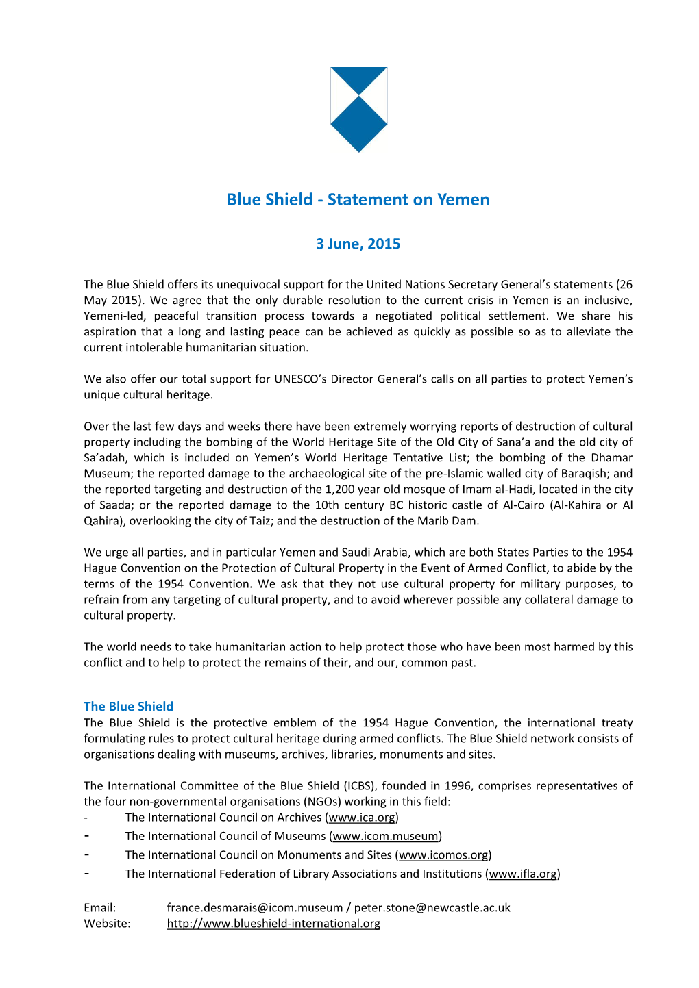 Blue Shield - Statement on Yemen