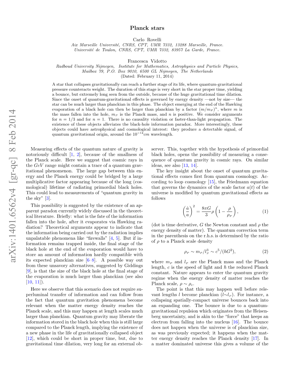 Arxiv:1401.6562V4 [Gr-Qc] 8 Feb 2014 Its Expected Planckian Size [6–8]