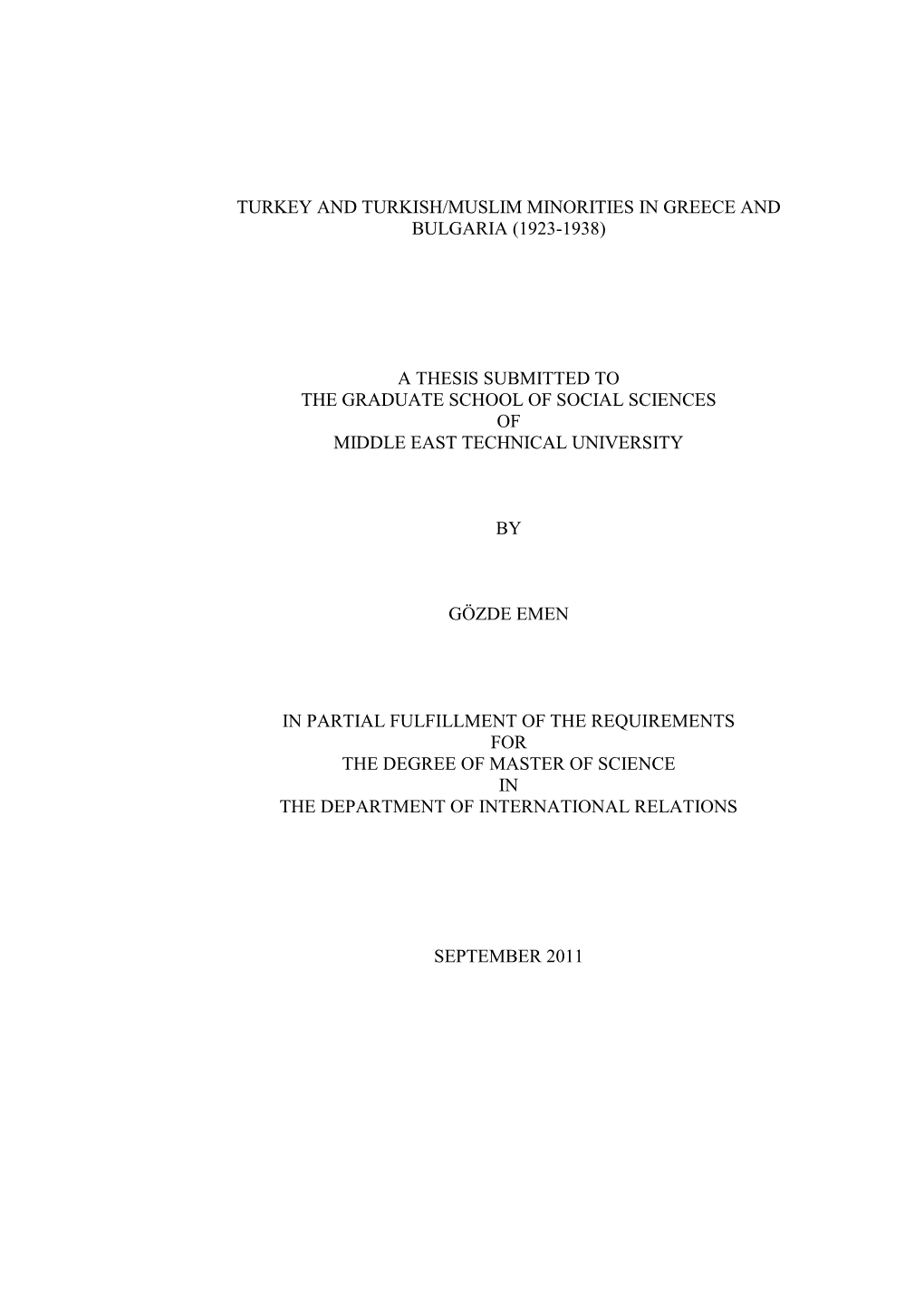 Turkey and Turkish/Muslim Minorities in Greece and Bulgaria (1923-1938)