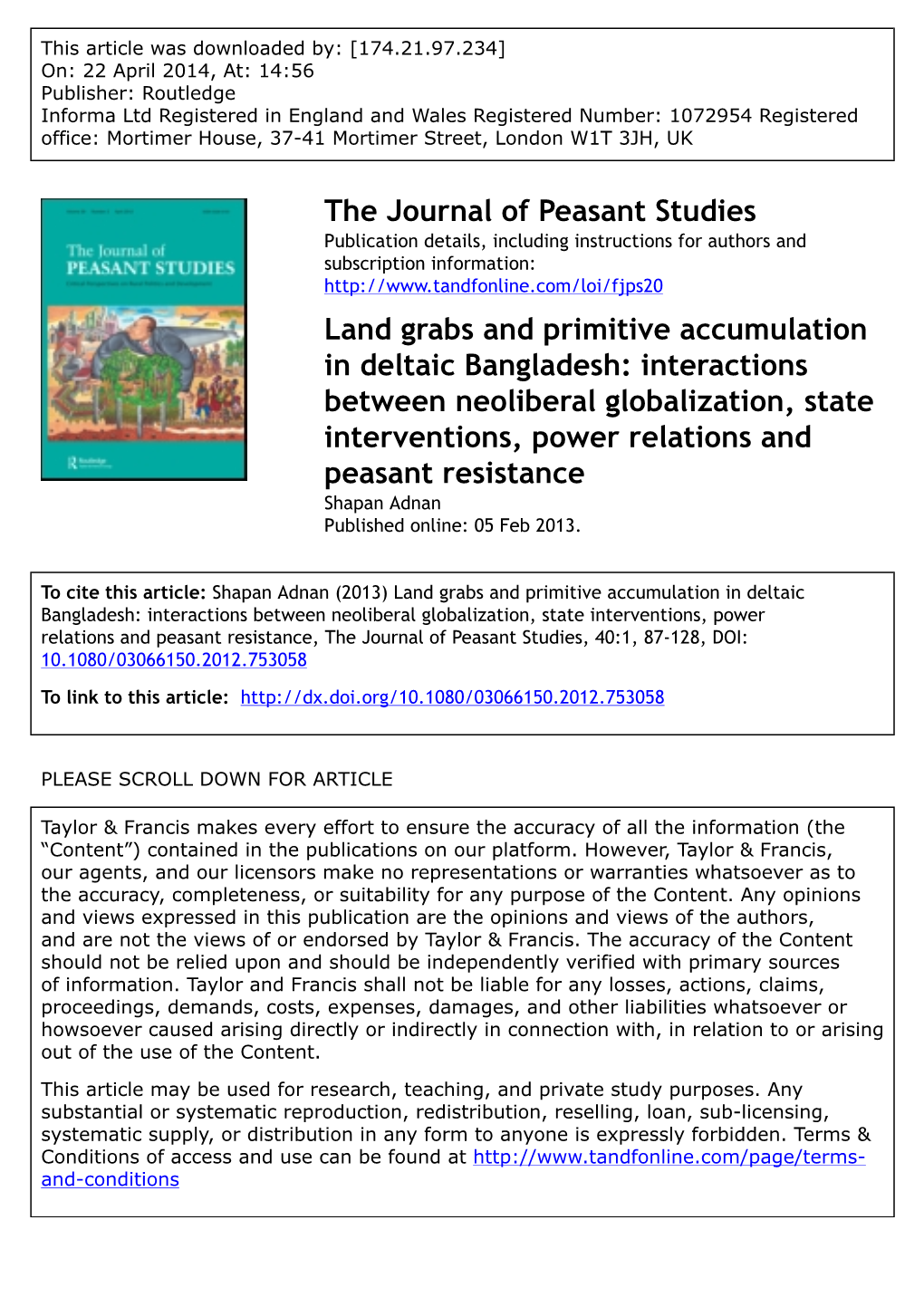 The Journal of Peasant Studies Land Grabs and Primitive Accumulation in Deltaic Bangladesh