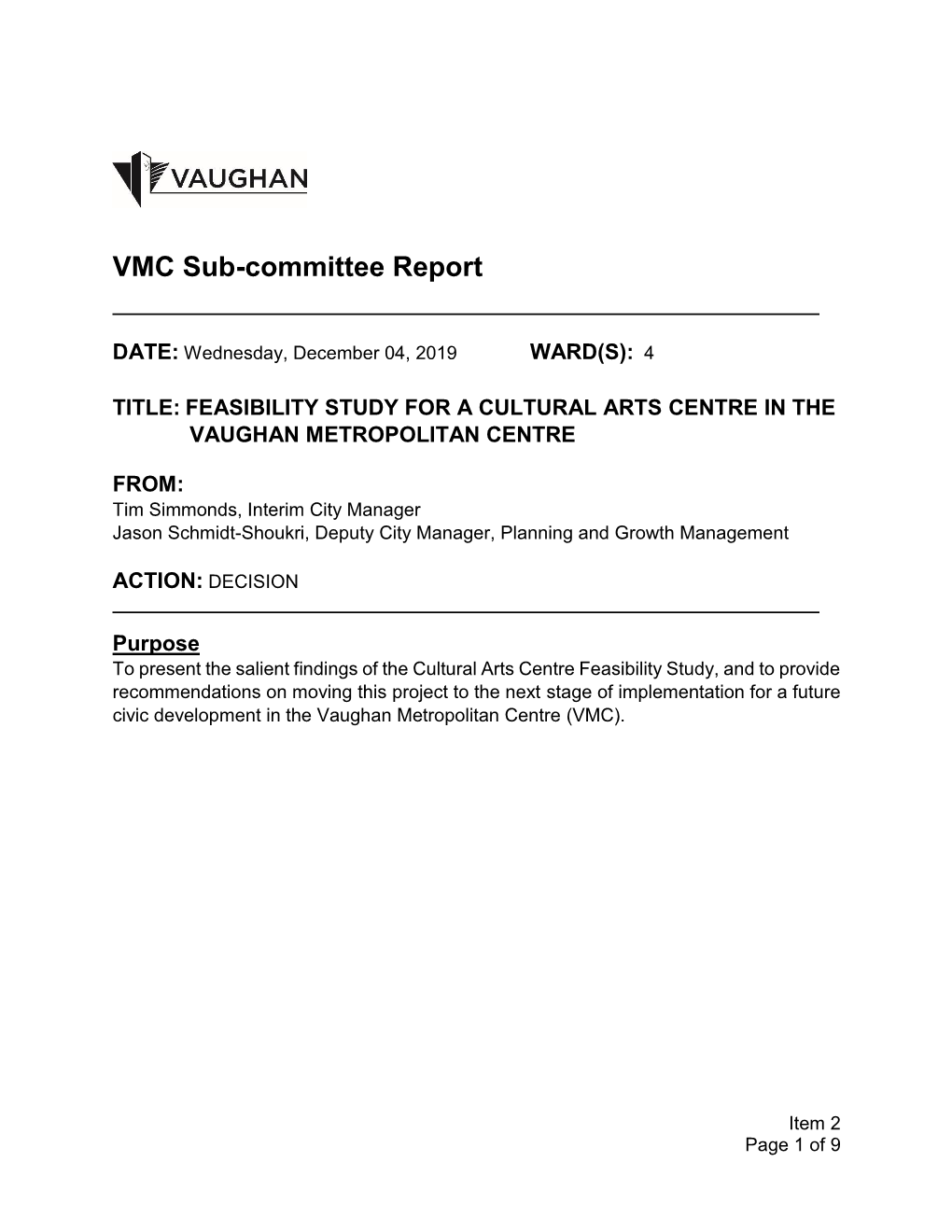 Feasibility Study for a Cultural Arts Centre in the Vaughan Metropolitan Centre