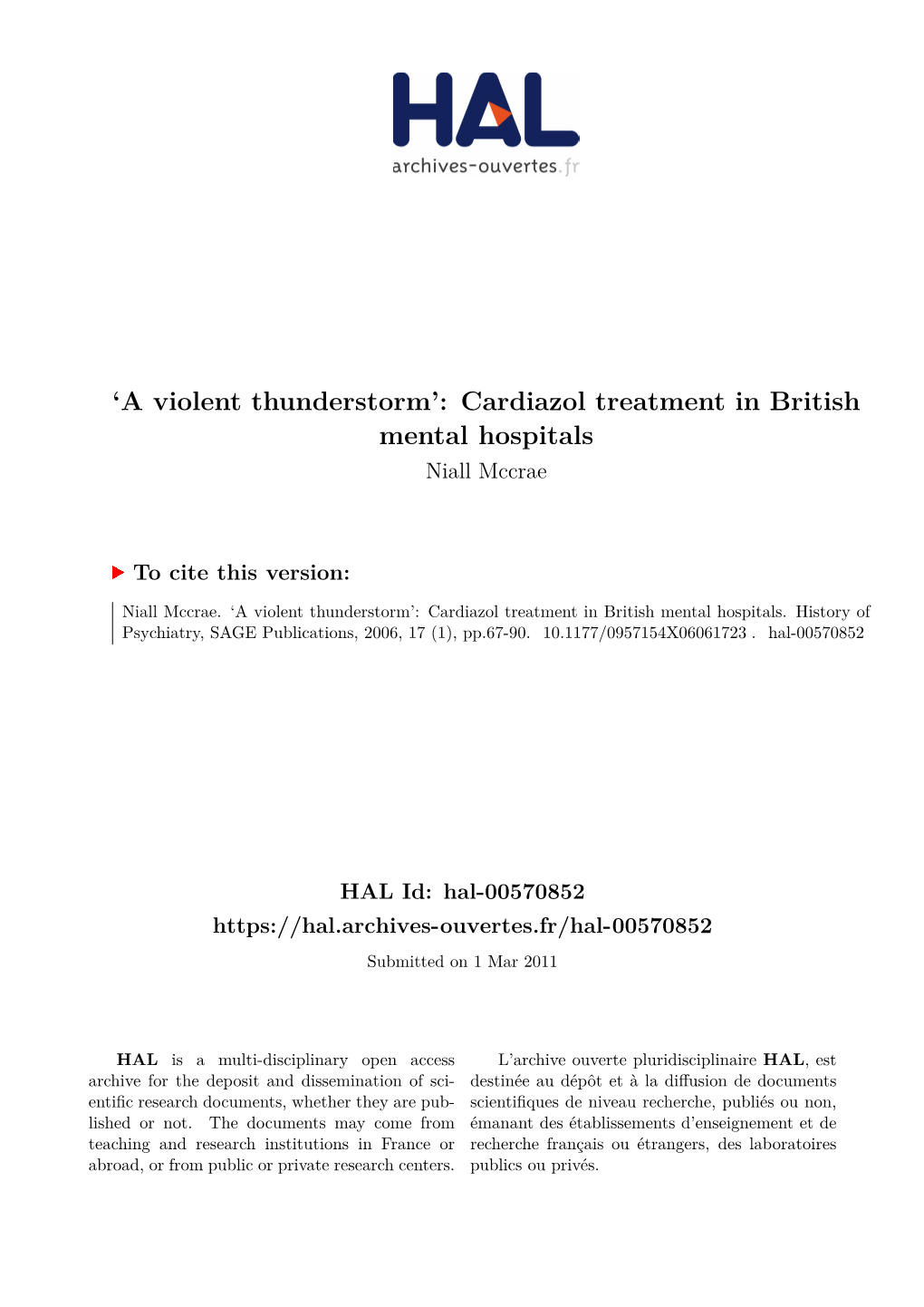 Cardiazol Treatment in British Mental Hospitals Niall Mccrae