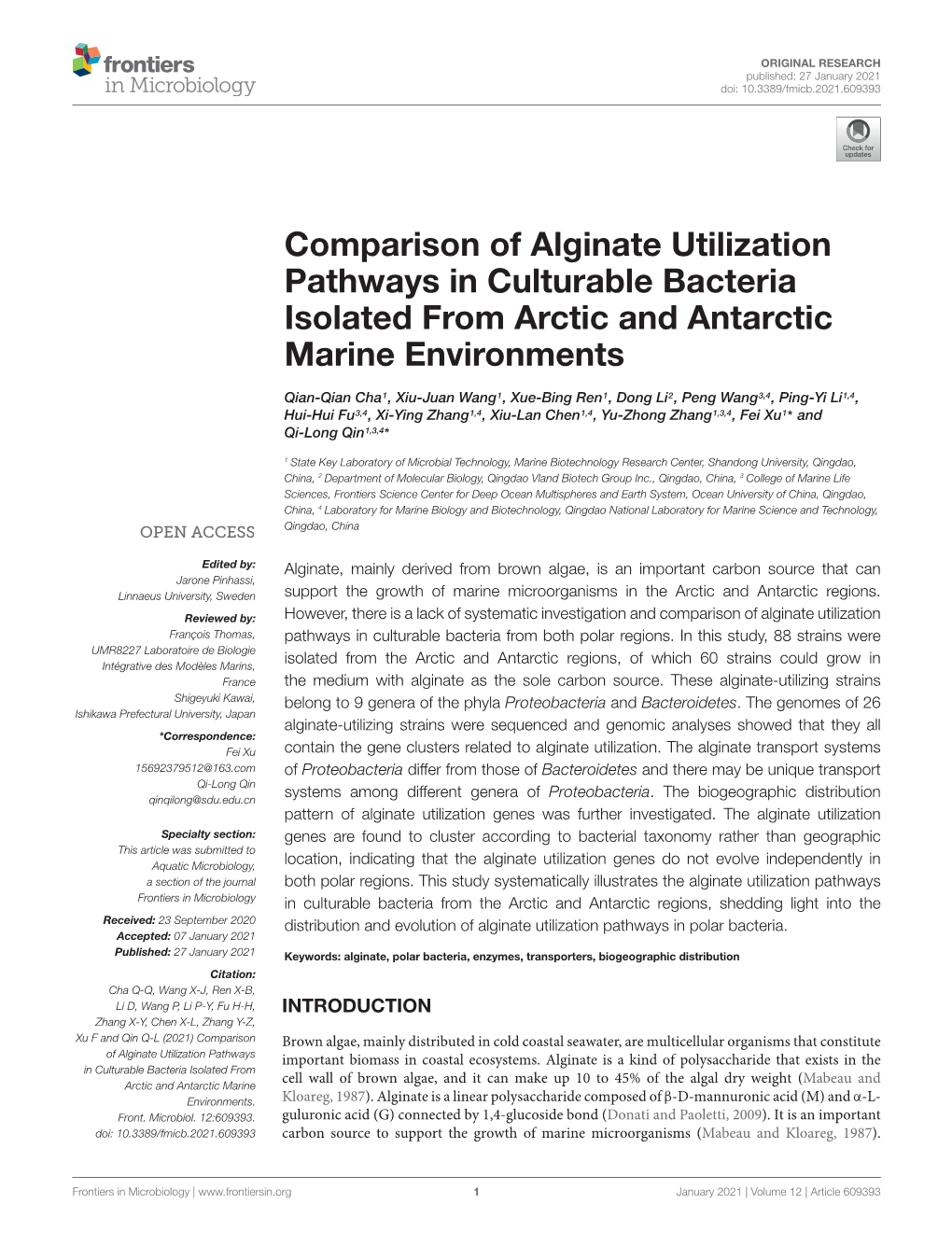 Comparison of Alginate Utilization Pathways in Culturable Bacteria Isolated from Arctic and Antarctic Marine Environments