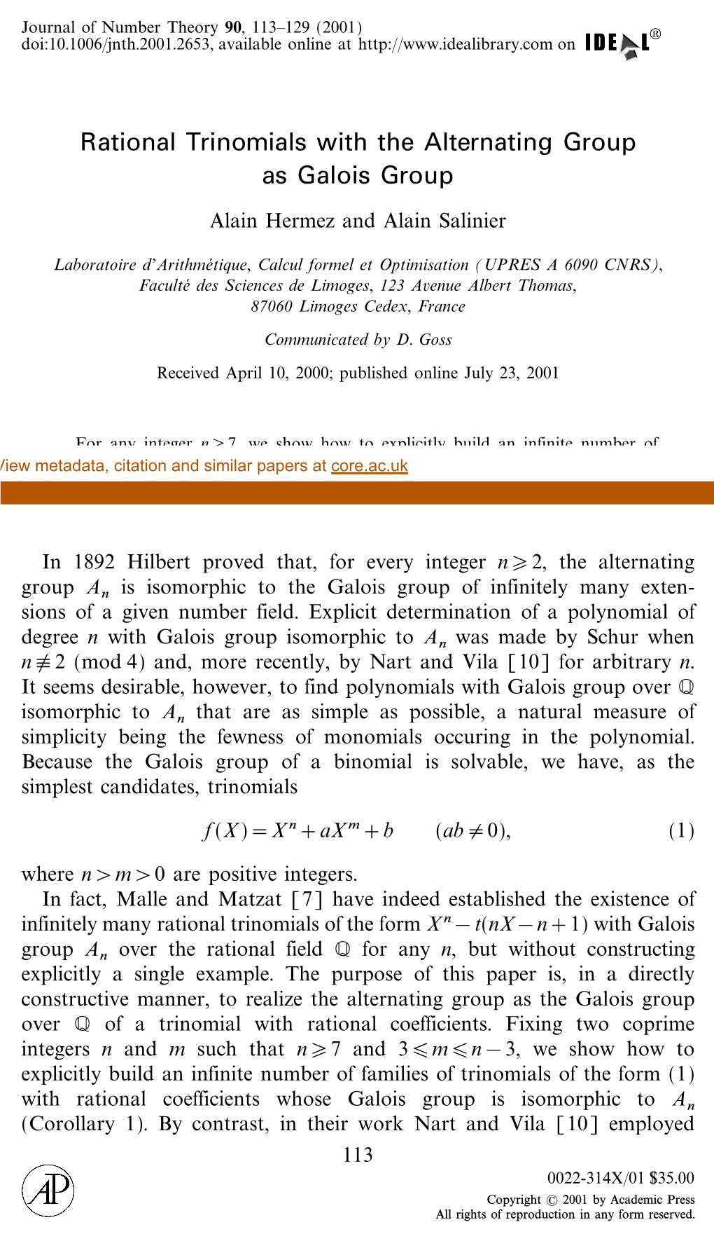 Rational Trinomials with the Alternating Group As Galois Group