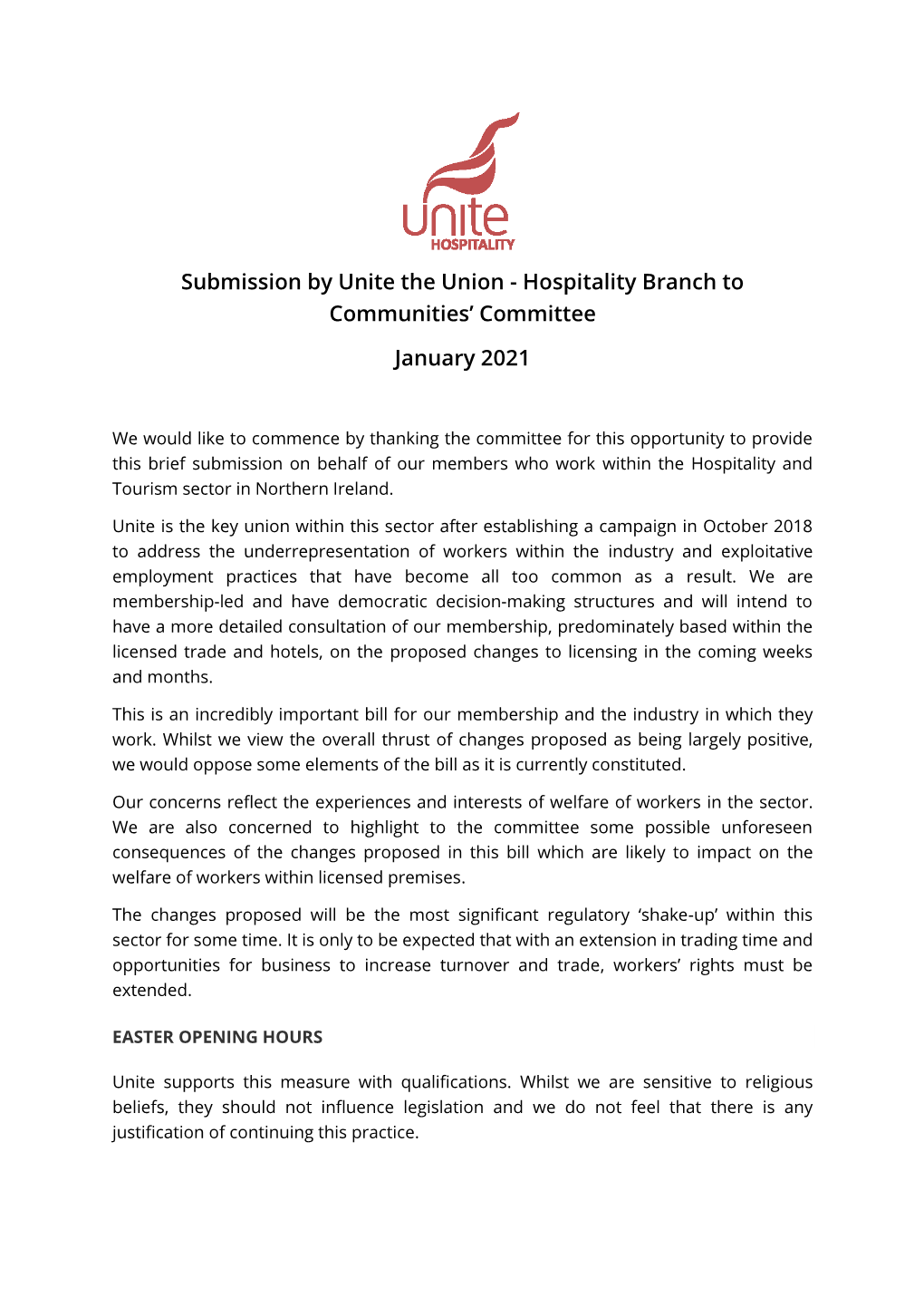 Submission by Unite the Union - Hospitality Branch to Communities’ Committee