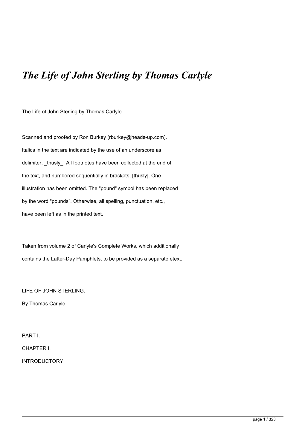 The Life of John Sterling by Thomas Carlyle</H1>