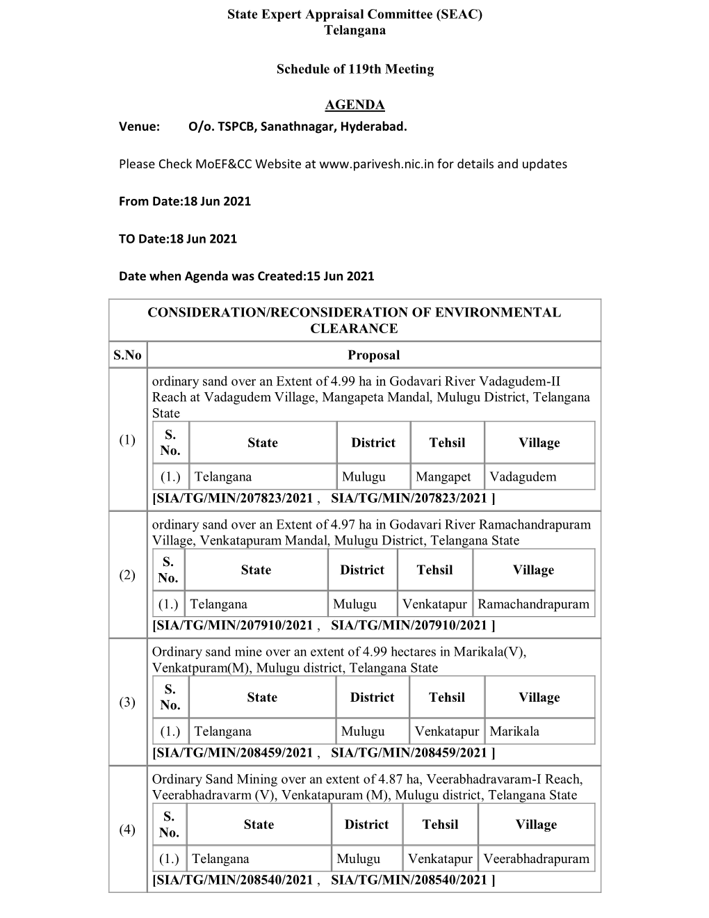 State Expert Appraisal Committee (SEAC) Telangana Schedule Of