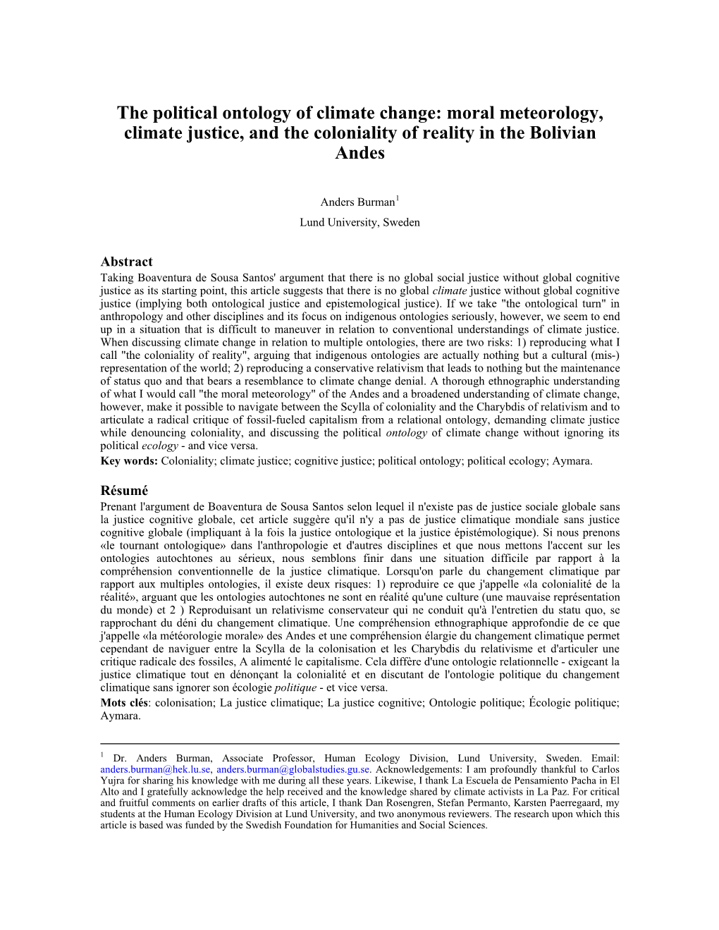 The Political Ontology of Climate Change: Moral Meteorology, Climate Justice, and the Coloniality of Reality in the Bolivian Andes