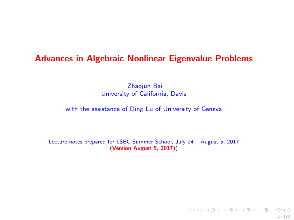 Advances in Algebraic Nonlinear Eigenvalue Problems