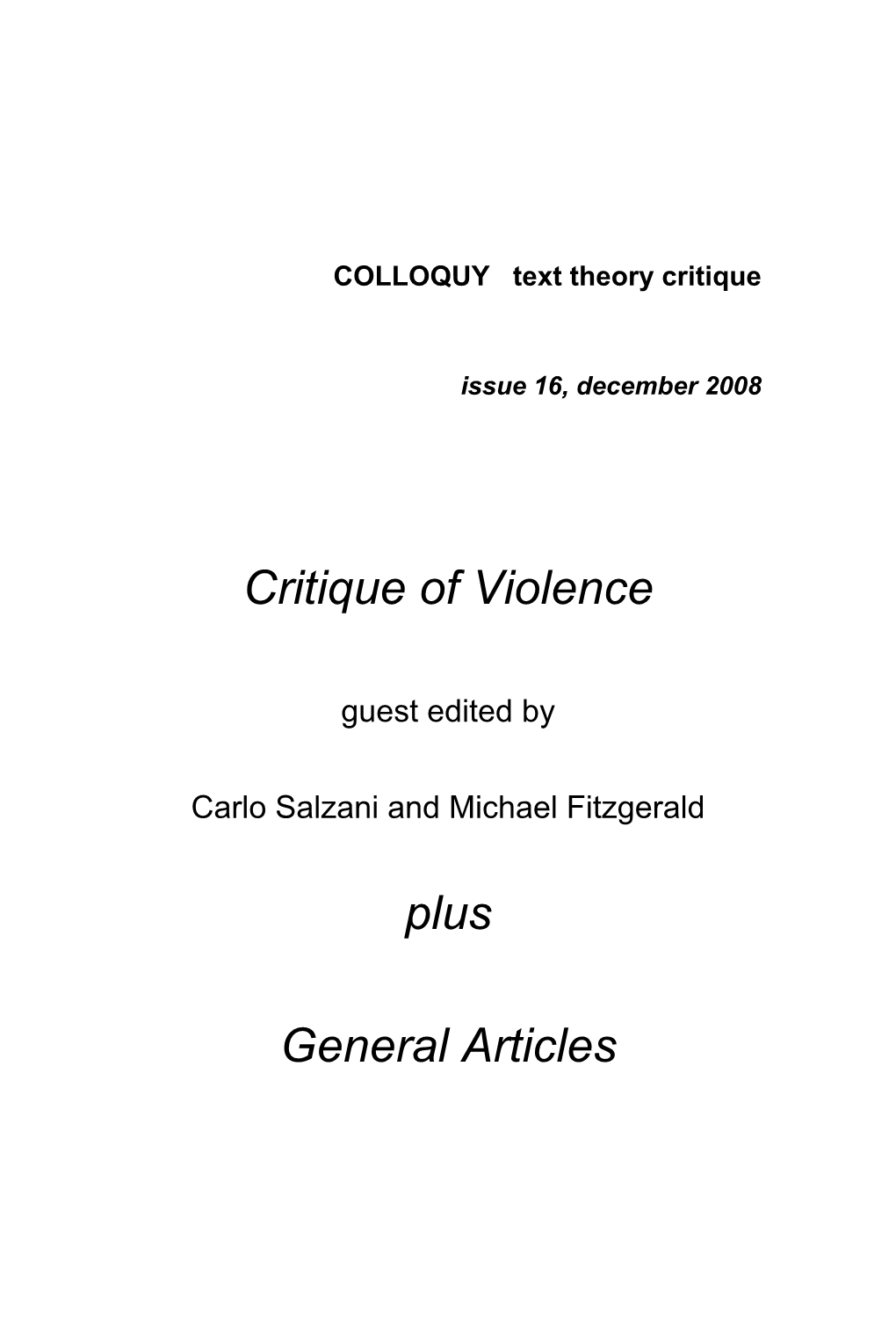 Critique of Violence Plus General Articles