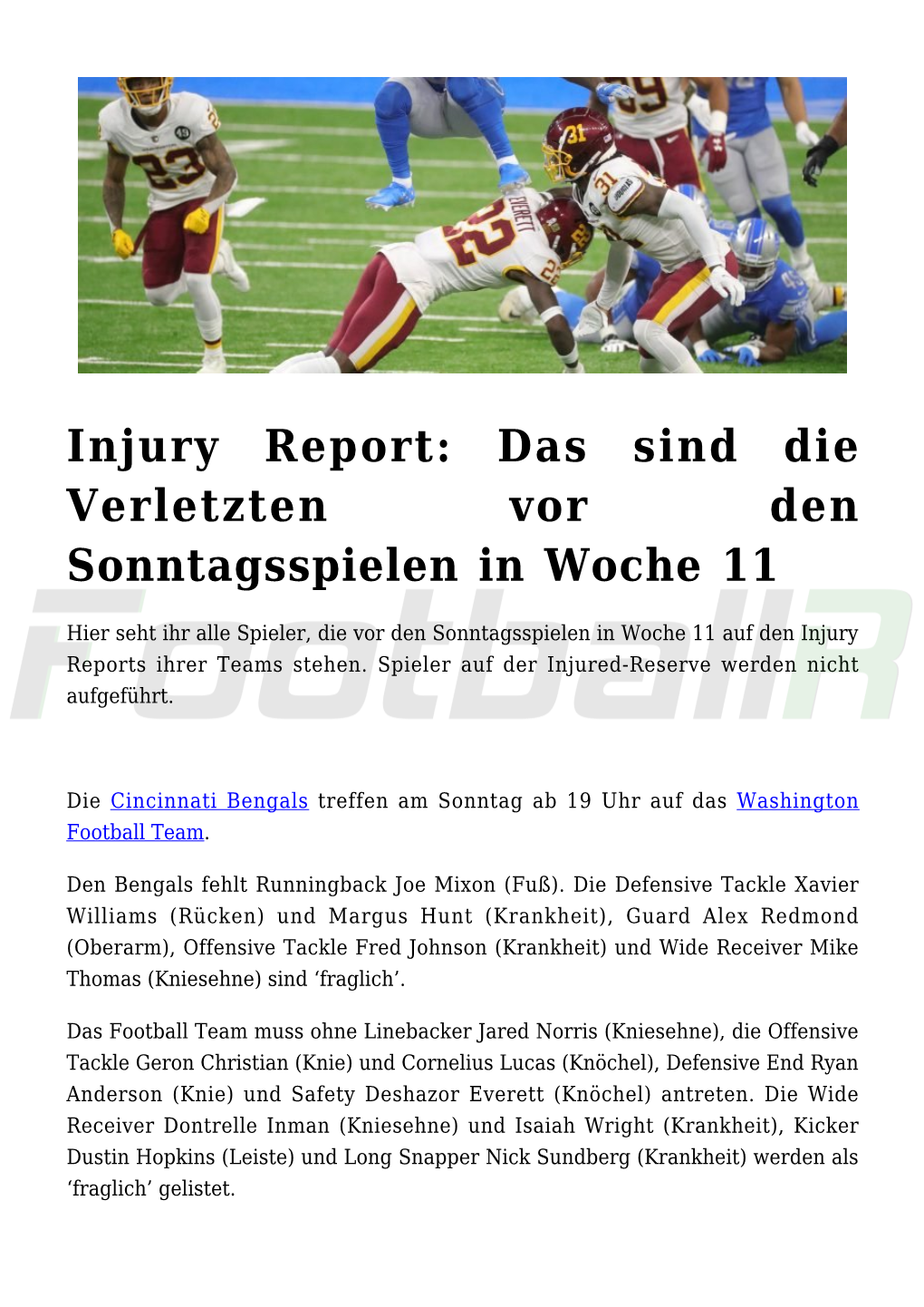 Injury Report: Das Sind Die Verletzten Vor Den Sonntagsspielen in Woche 11