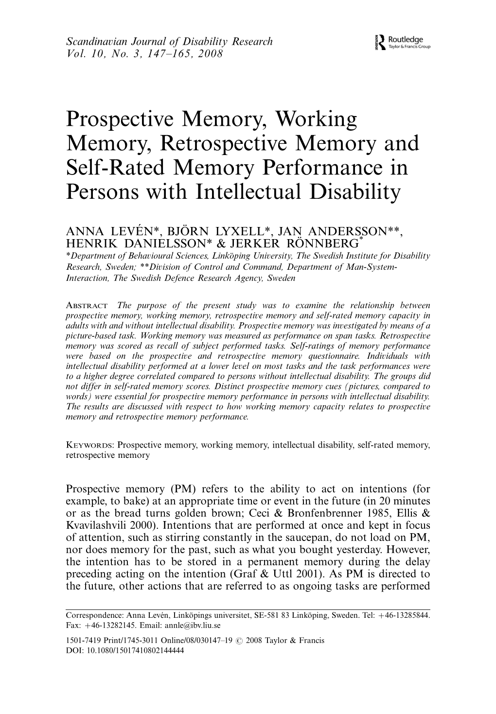 Prospective Memory, Working Memory, Retrospective Memory and Self-Rated Memory Performance in Persons with Intellectual Disability