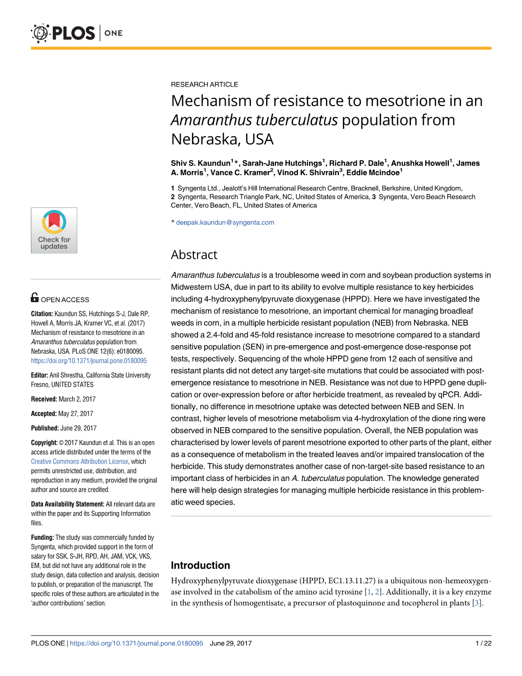 Mechanism of Resistance to Mesotrione in an Amaranthus Tuberculatus Population from Nebraska, USA