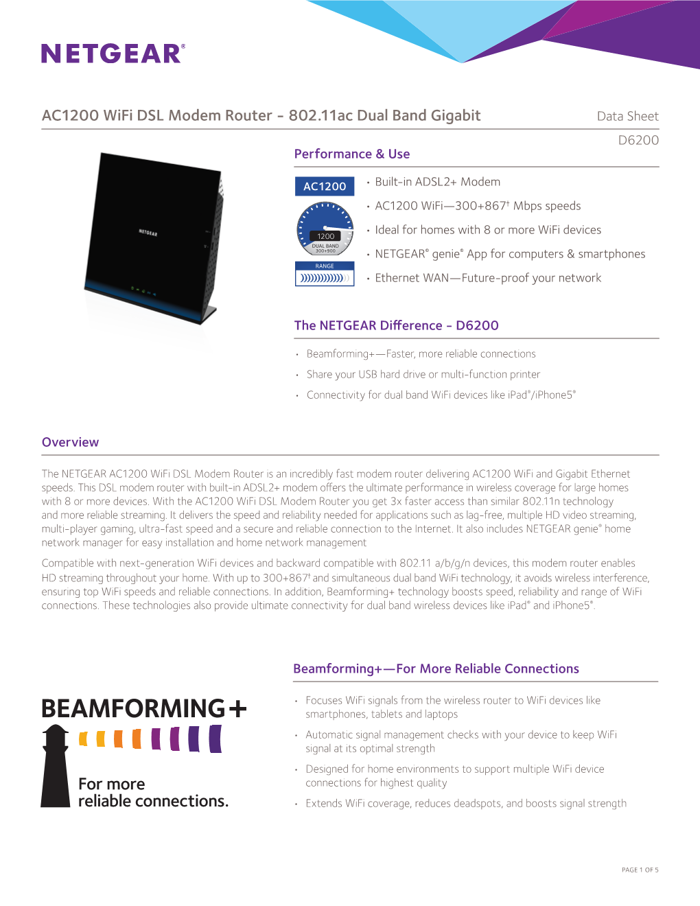 AC1200 Wifi DSL Modem Router - 802.11Ac Dual Band Gigabit Data Sheet D6200 Performance & Use