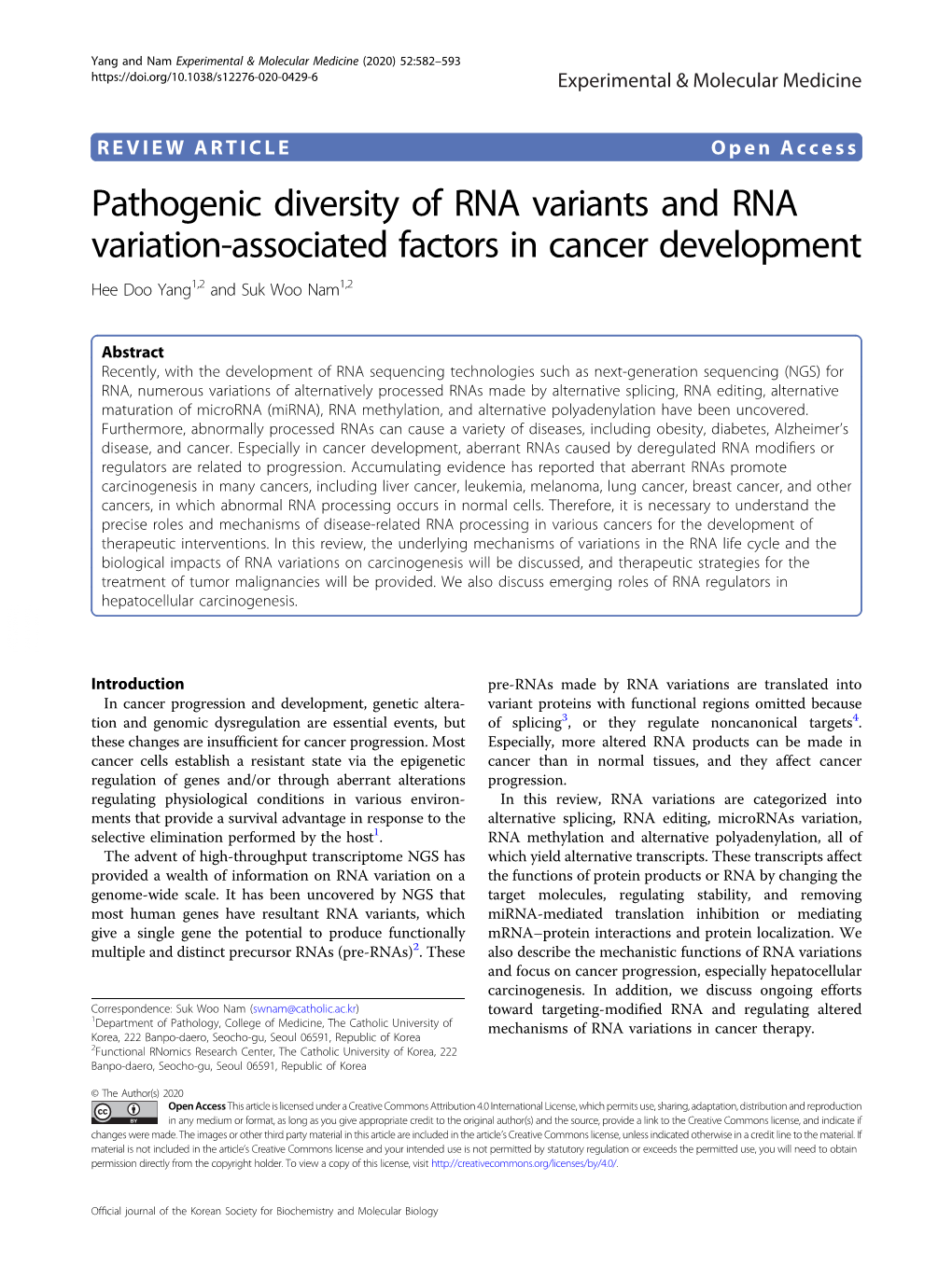 Pathogenic Diversity of RNA Variants and RNA Variation-Associated Factors in Cancer Development Hee Doo Yang1,2 and Suk Woo Nam1,2