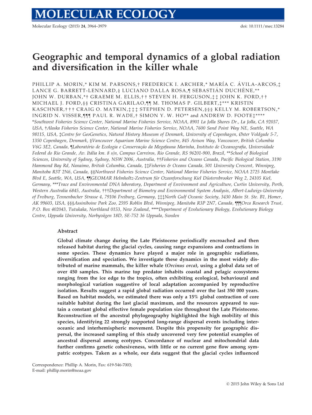 Geographic and Temporal Dynamics of a Global Radiation and Diversiﬁcation in the Killer Whale