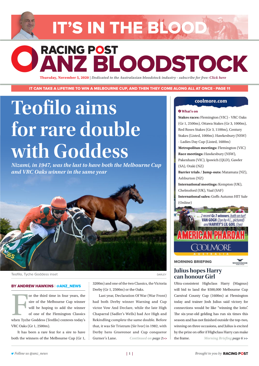 Teofilo Aims for Rare Double with Goddess | 2 | Thursday, November 5, 2020