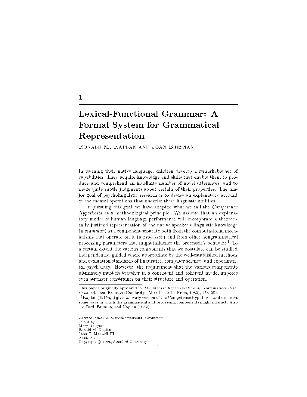 Lexical-Functional Grammar: a Formal System For
