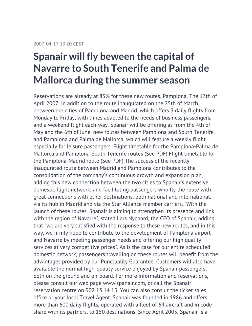 Spanair Will Fly Beween the Capital of Navarre to South Tenerife and Palma De Mallorca During the Summer Season