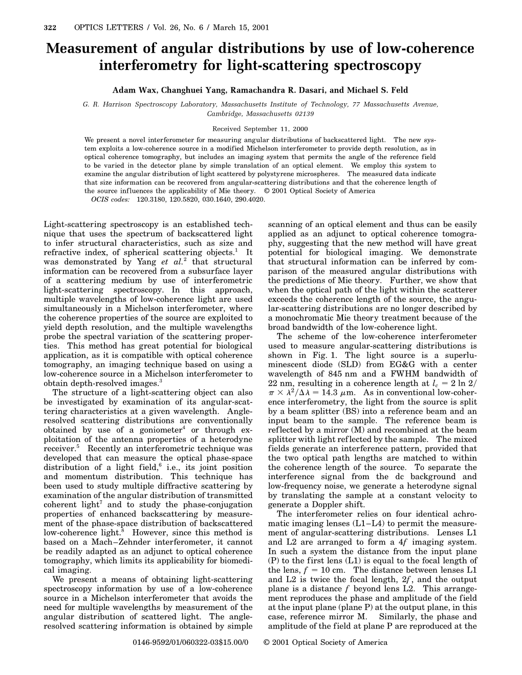 Measurement of Angular Distributions by Use of Low-Coherence Interferometry for Light-Scattering Spectroscopy