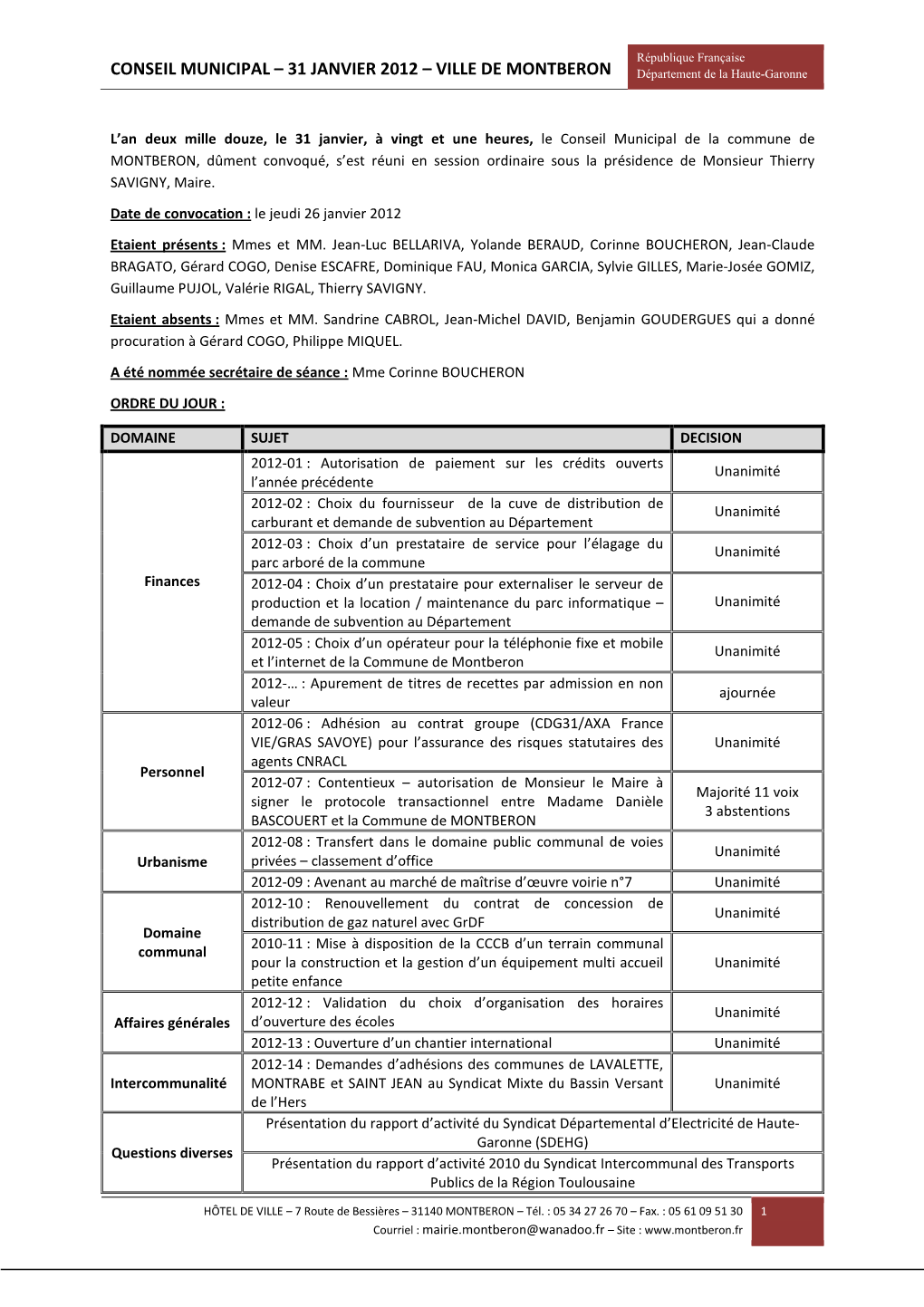 CONSEIL MUNICIPAL – 31 JANVIER 2012 – VILLE DE MONTBERON Département De La Haute-Garonne