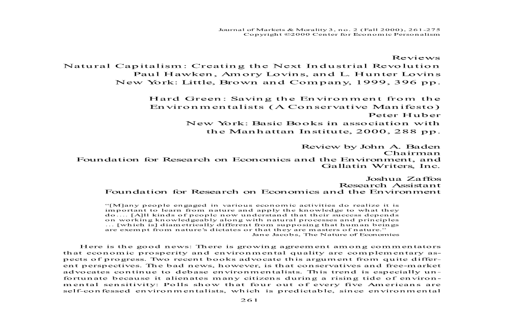Reviews Natural Capitalism: Creating the Next Industrial Revolution Paul Hawken, Amory Lovins, and L