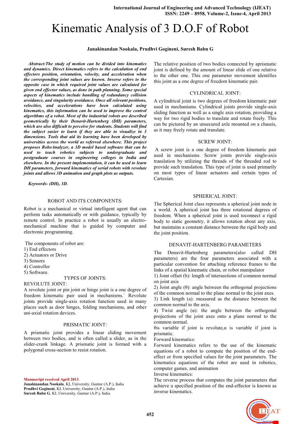 Kinematic Analysis of 3 D.O.F of Robot