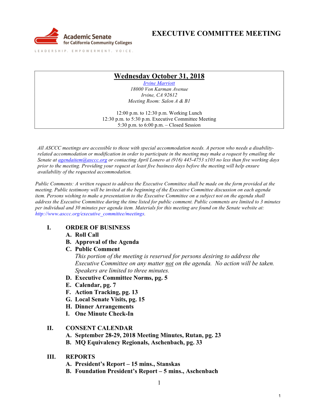 EXECUTIVE COMMITTEE MEETING Wednesday October 31, 2018