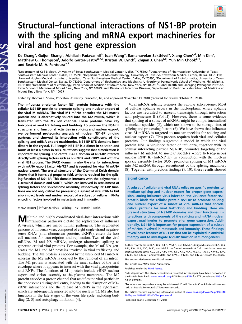 Structural–Functional Interactions of NS1-BP Protein with the Splicing and Mrna Export Machineries for Viral and Host Gene Expression