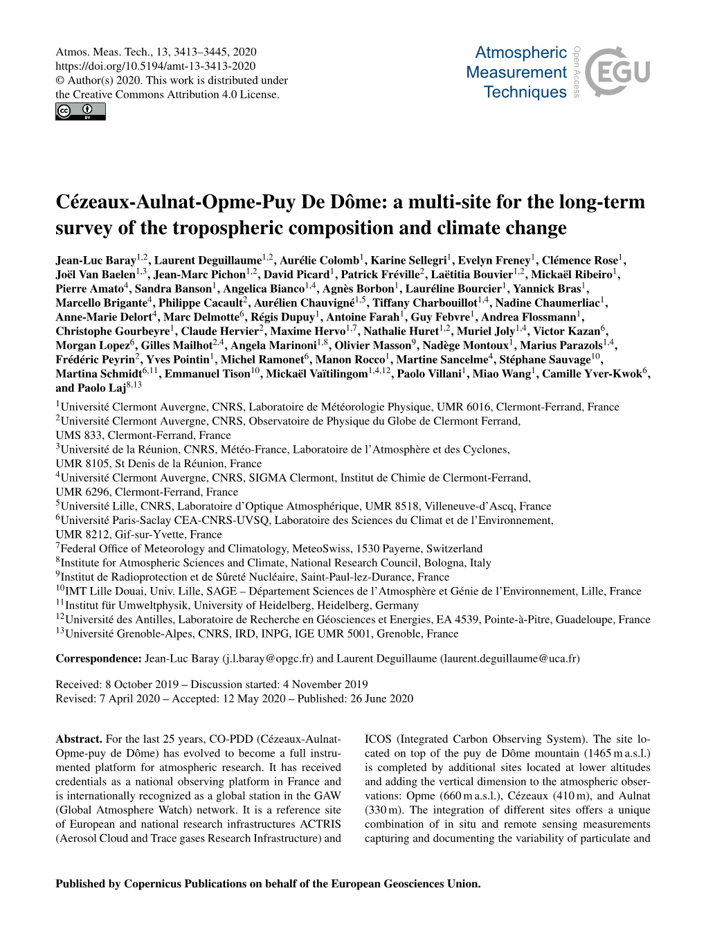 Cézeaux-Aulnat-Opme-Puy De Dôme: a Multi-Site for the Long-Term Survey of the Tropospheric Composition and Climate Change