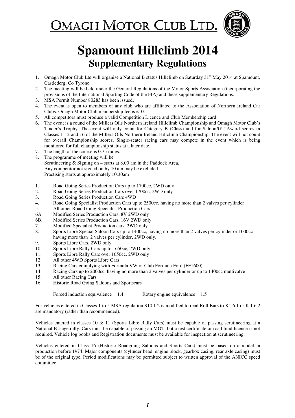 Spamount Hillclimb 2014 Supplementary Regulations